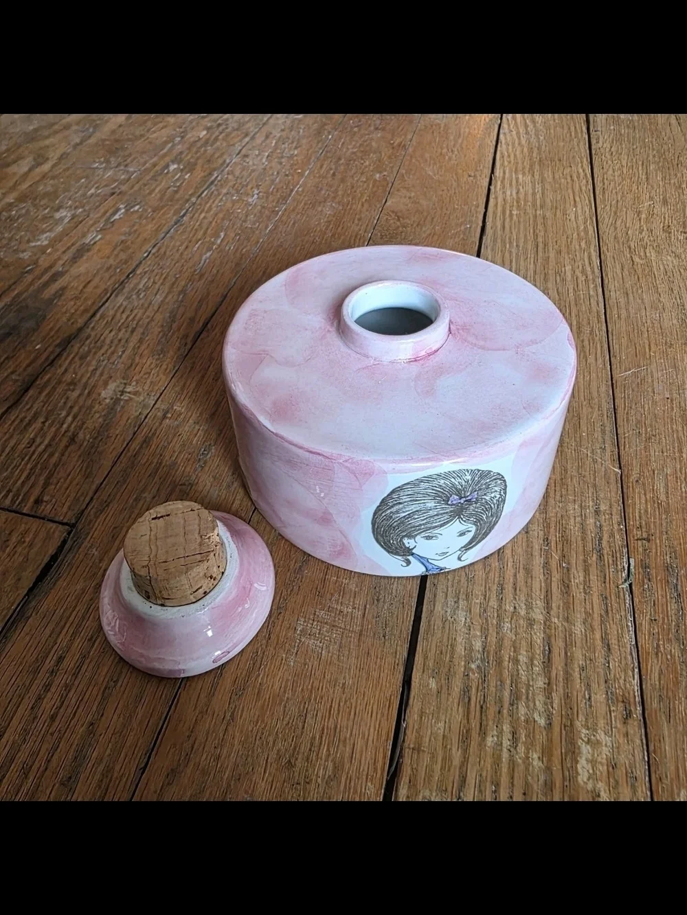 1950's-1960's Italian Pink Ceramic Decorative Jar with Illustrated Girl Accent